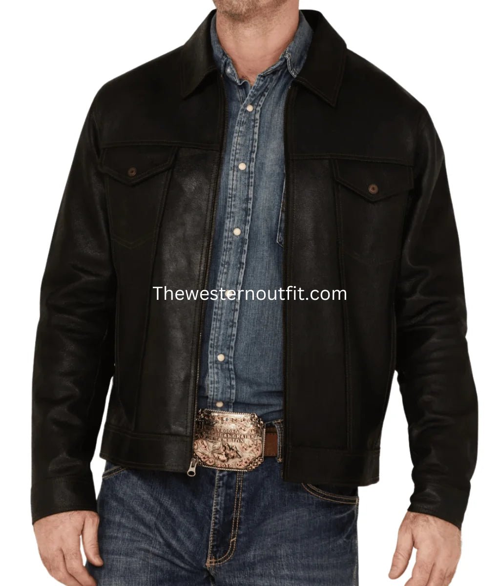 Men's Solid Black Trucker Leather Jacket