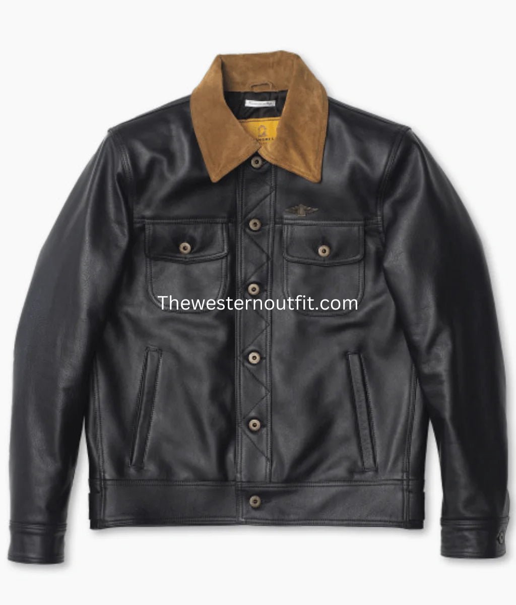Gold Bison Black Leather Trucker Jacket for Men - Image 3