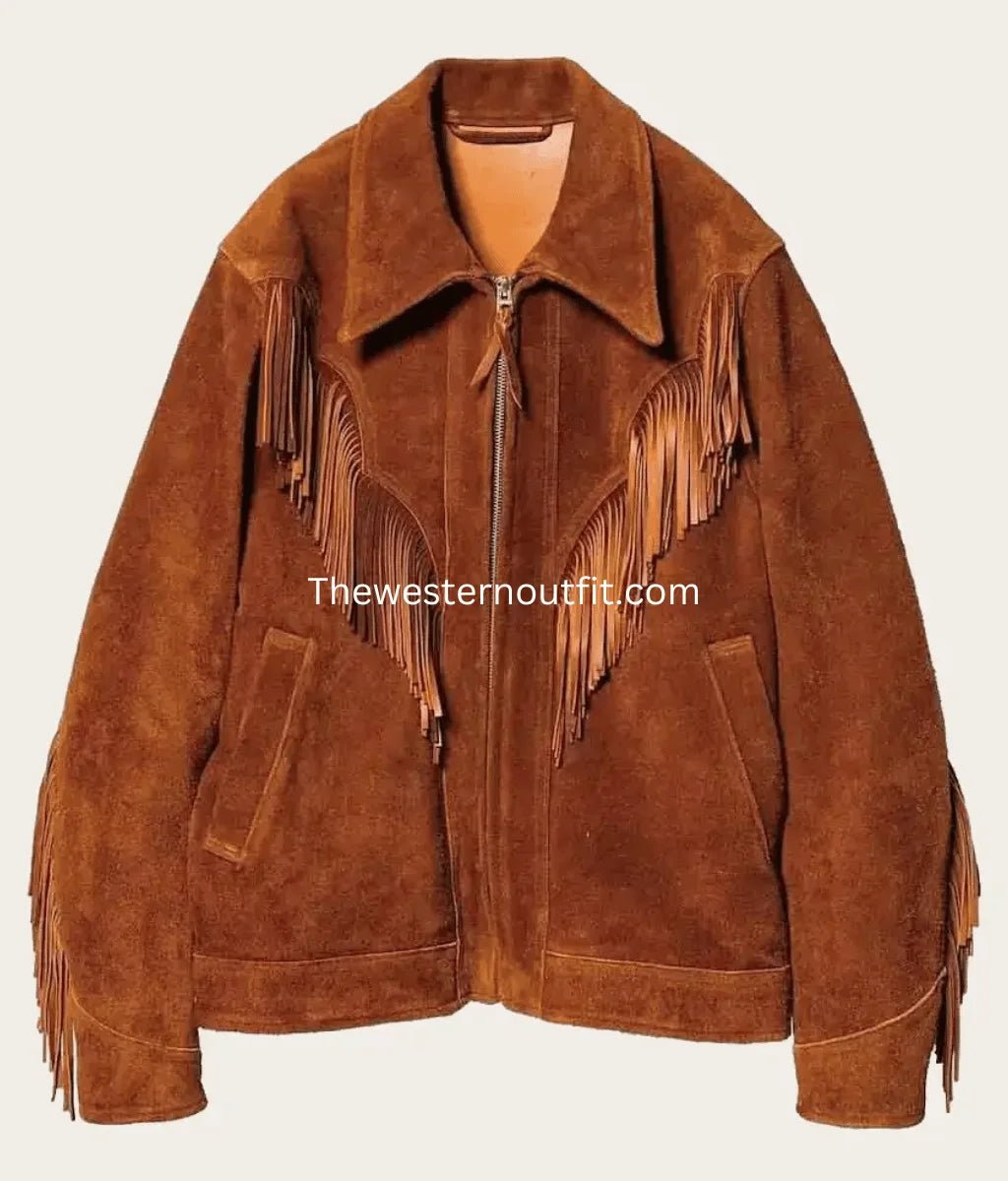 Brown Suede Leather Cowboy Fringe Style Jacket - Image 2