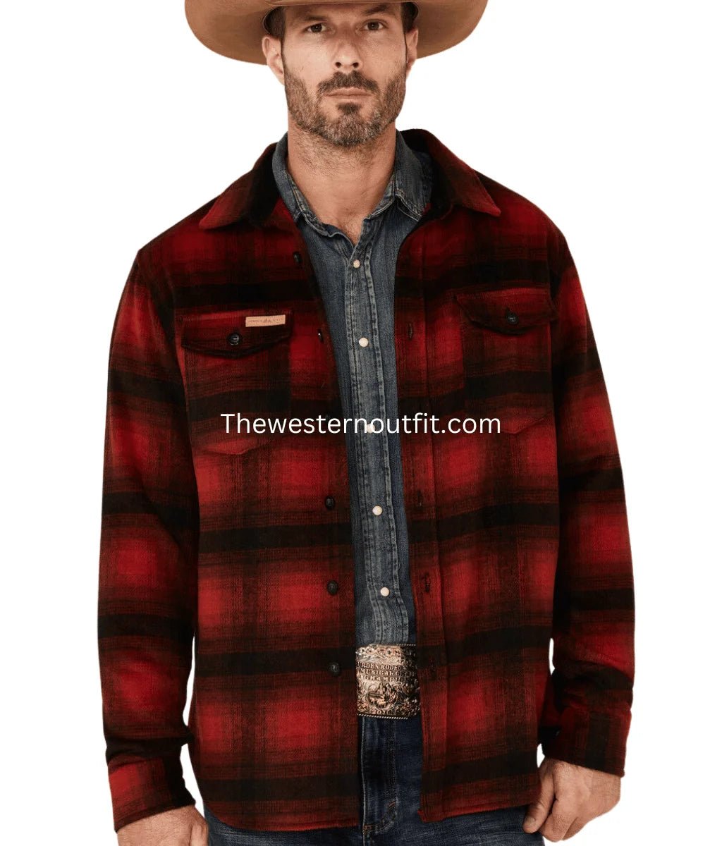 Men's Red Ombre Plaid Wool Button-Front Shirt Jacket