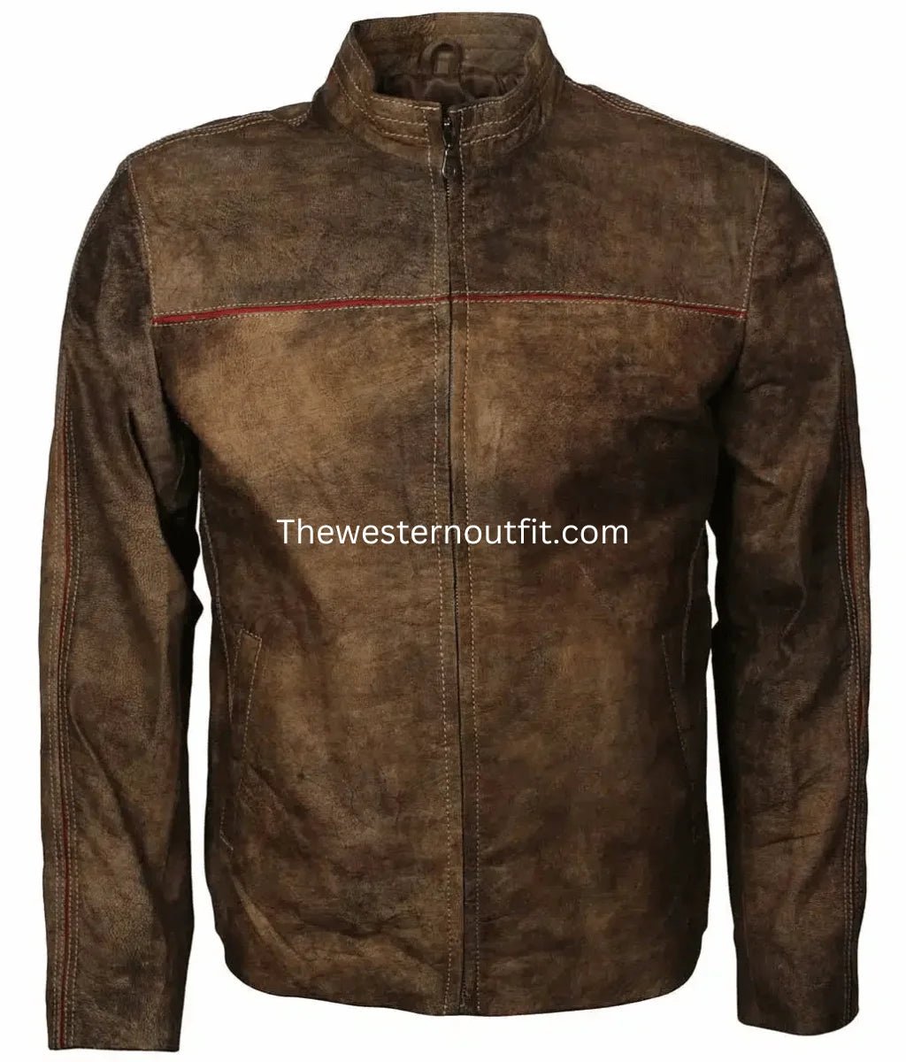 Rifleman Style Classic Western Brown Stone Leather Jacket for Men