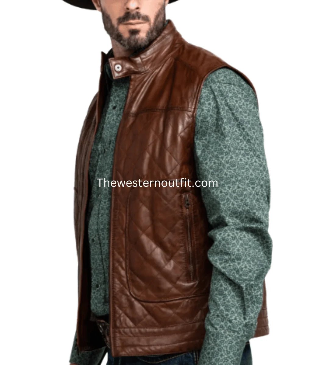 Quilted Dark Brown Leather Vest For Men’s - Image 2
