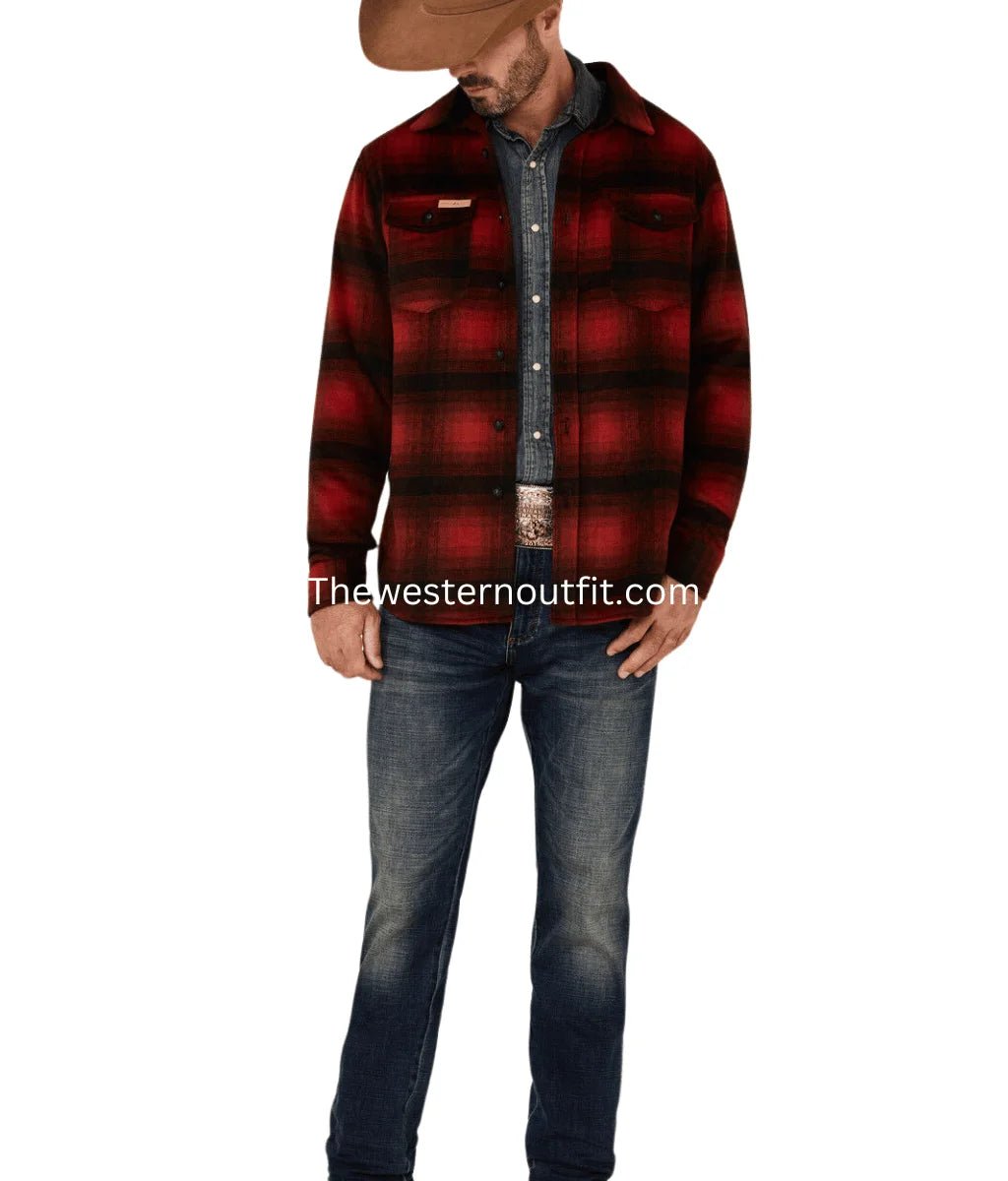 Men's Red Ombre Plaid Wool Button-Front Shirt Jacket - Image 2