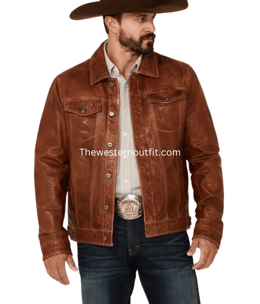 Men's Recon Tan Leather Trucker Jacket - Image 2