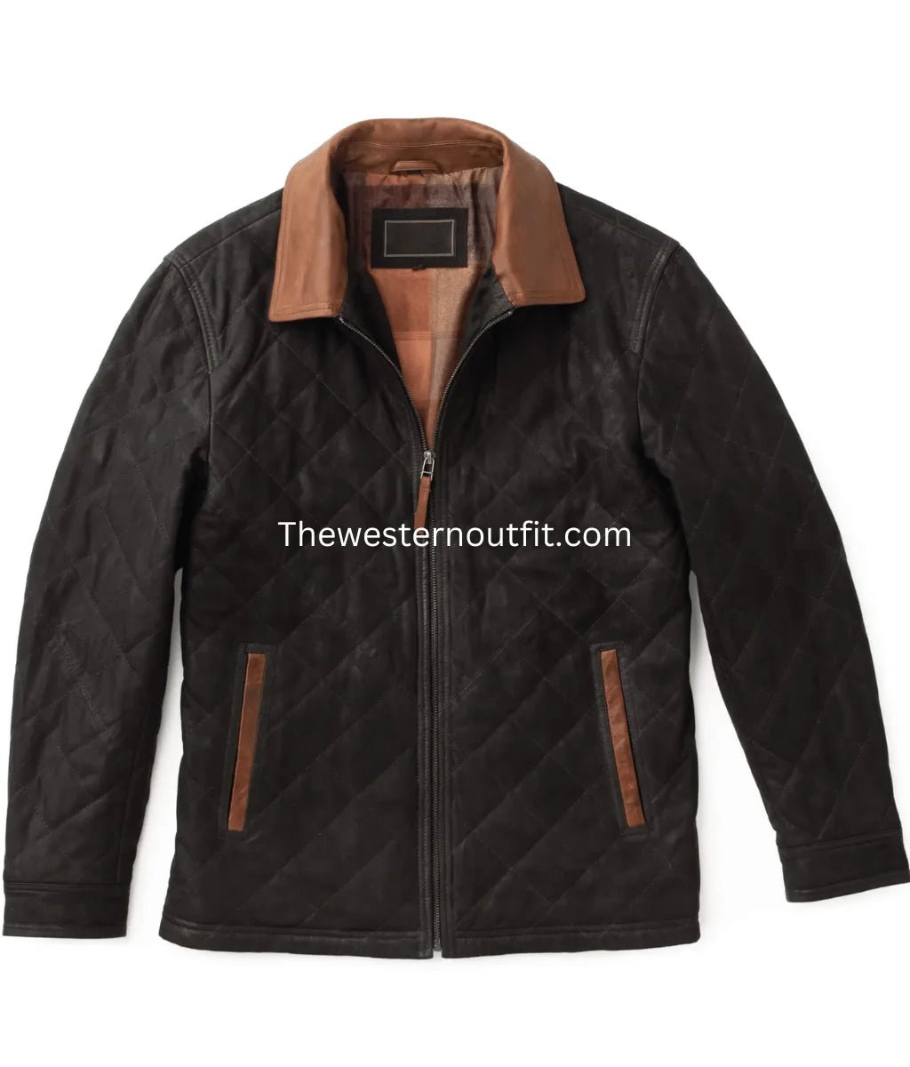 Men’s Hickory Quilted Dark Brown Waxed Suede Leather Jacket - Image 2