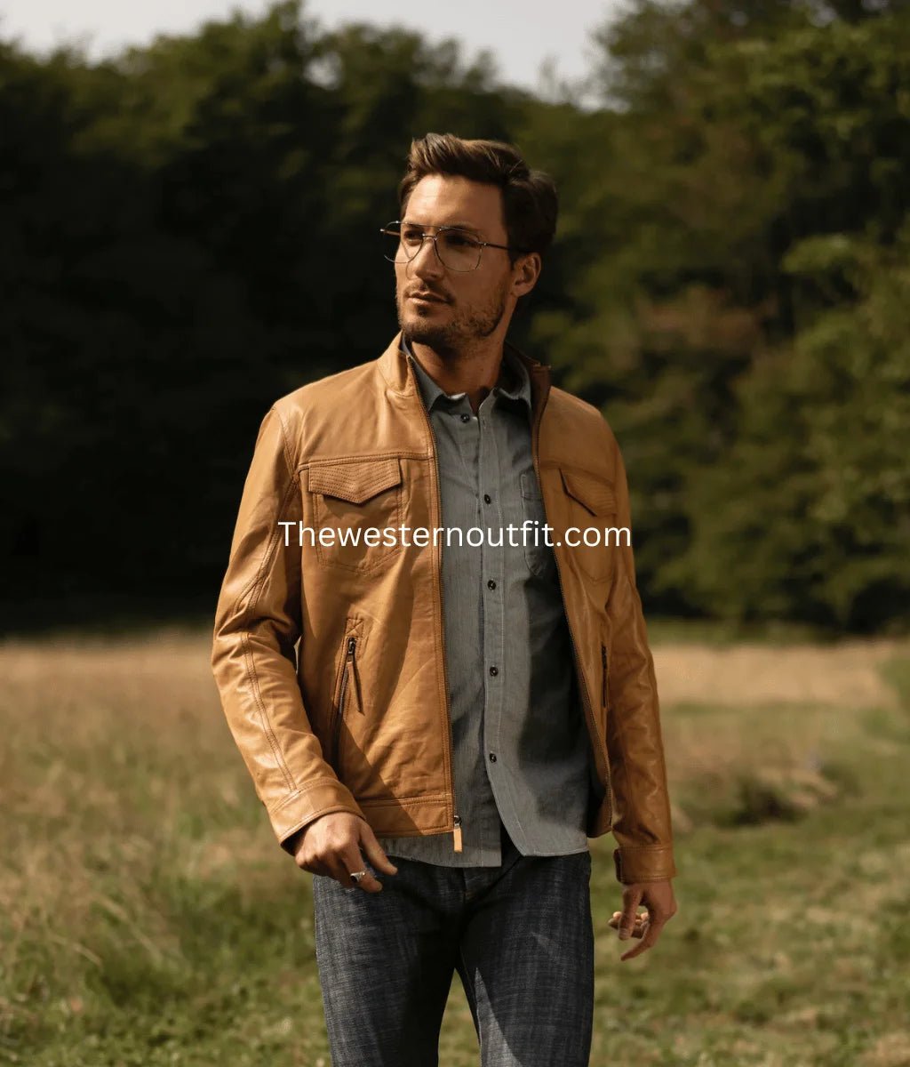 Distressed Camel Leather Jacket for Men Classic Soft Feel