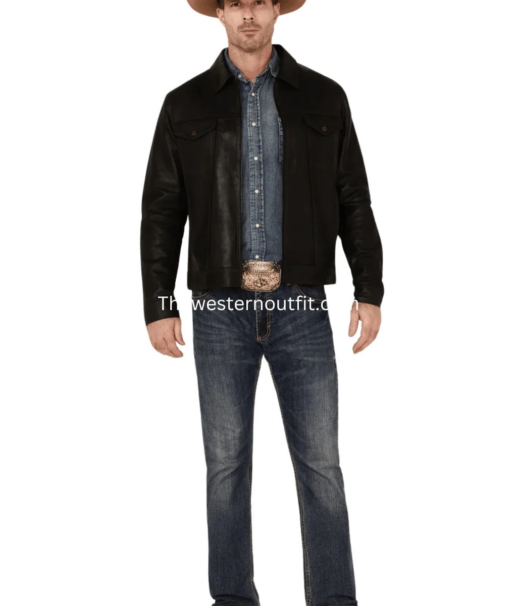 Men's Solid Black Trucker Leather Jacket - Image 2