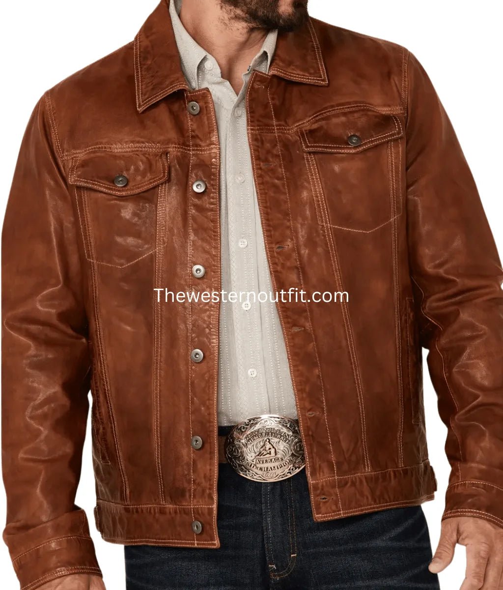 Men's Recon Tan Leather Trucker Jacket - Image 3