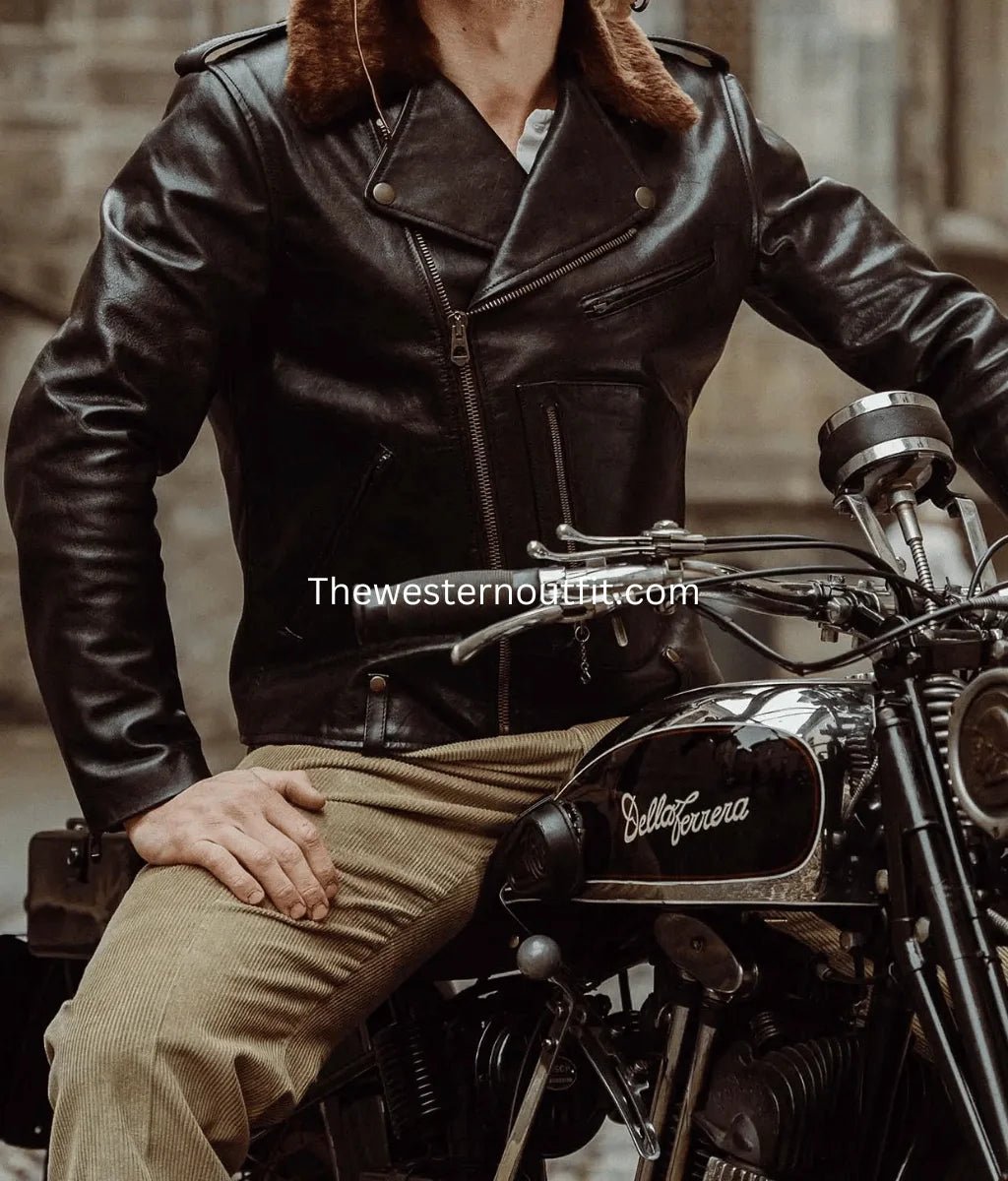 Men’s Black Biker Leather Jacket – with Fur Collar - Image 4