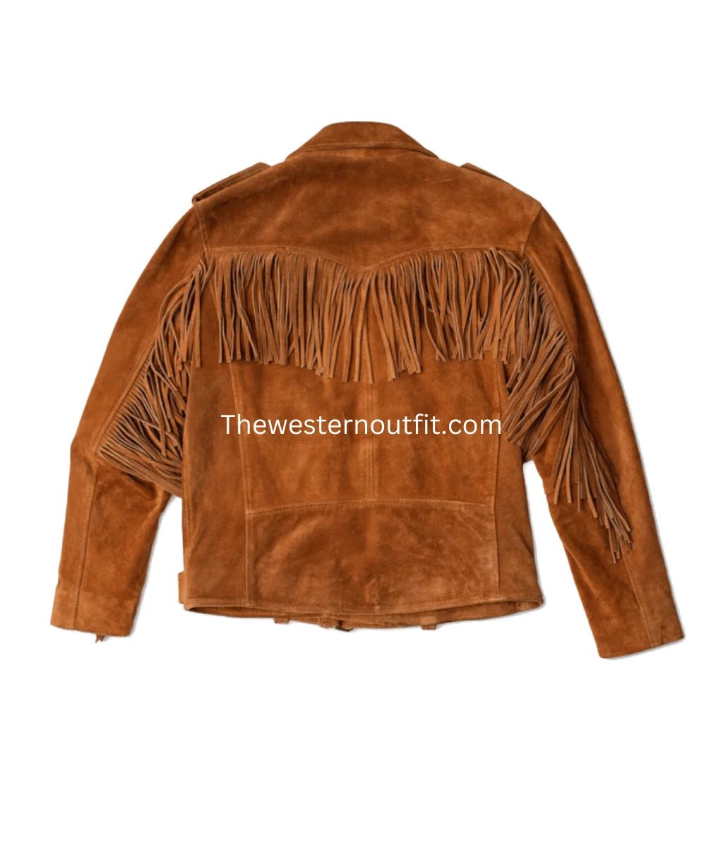 Mens Brown Fringes Suede Leather Cowboy Jacket - Image 4