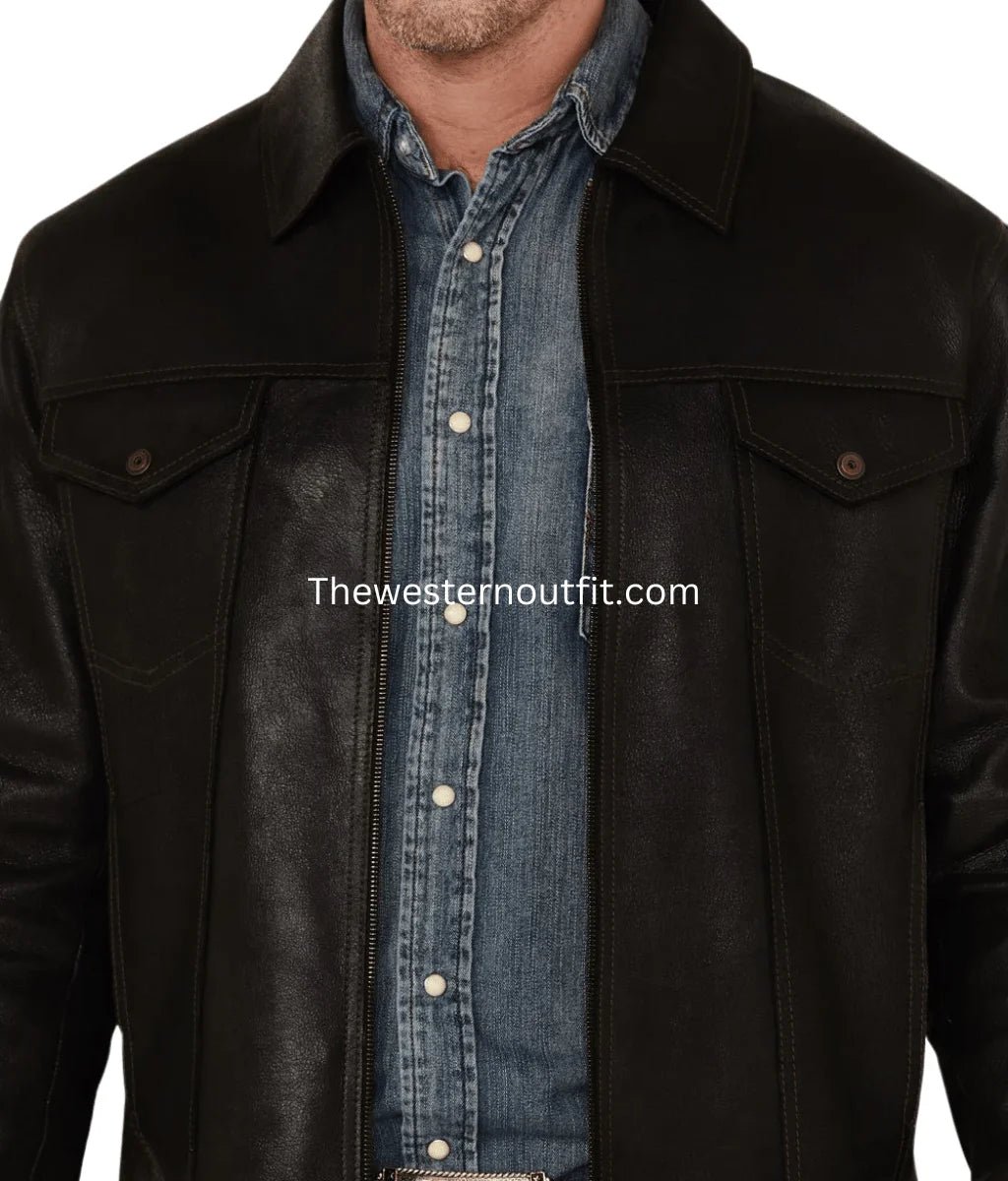 Men's Solid Black Trucker Leather Jacket - Image 3