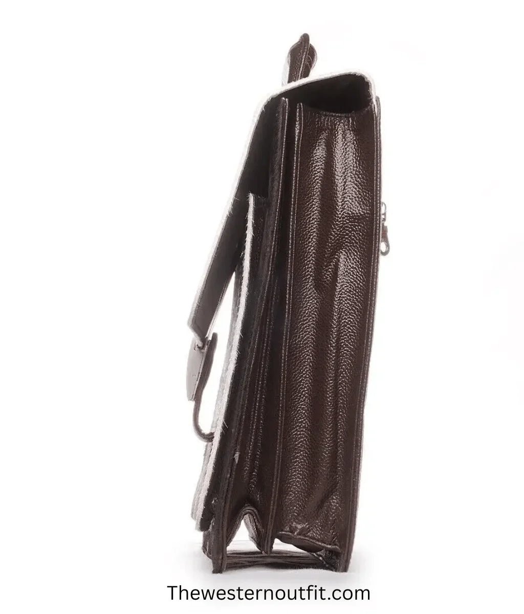 Cowhide Hair On Handcrafted Brown And White Leather Briefcase Bag - Image 4