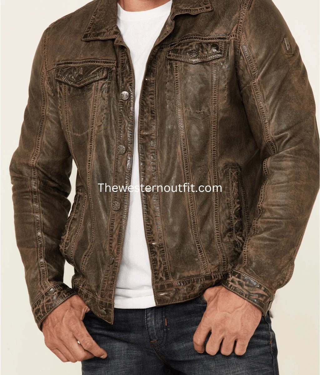 Distressed Look Men’s Geoff Zip-Front Leather Trucker Jacket - Image 3