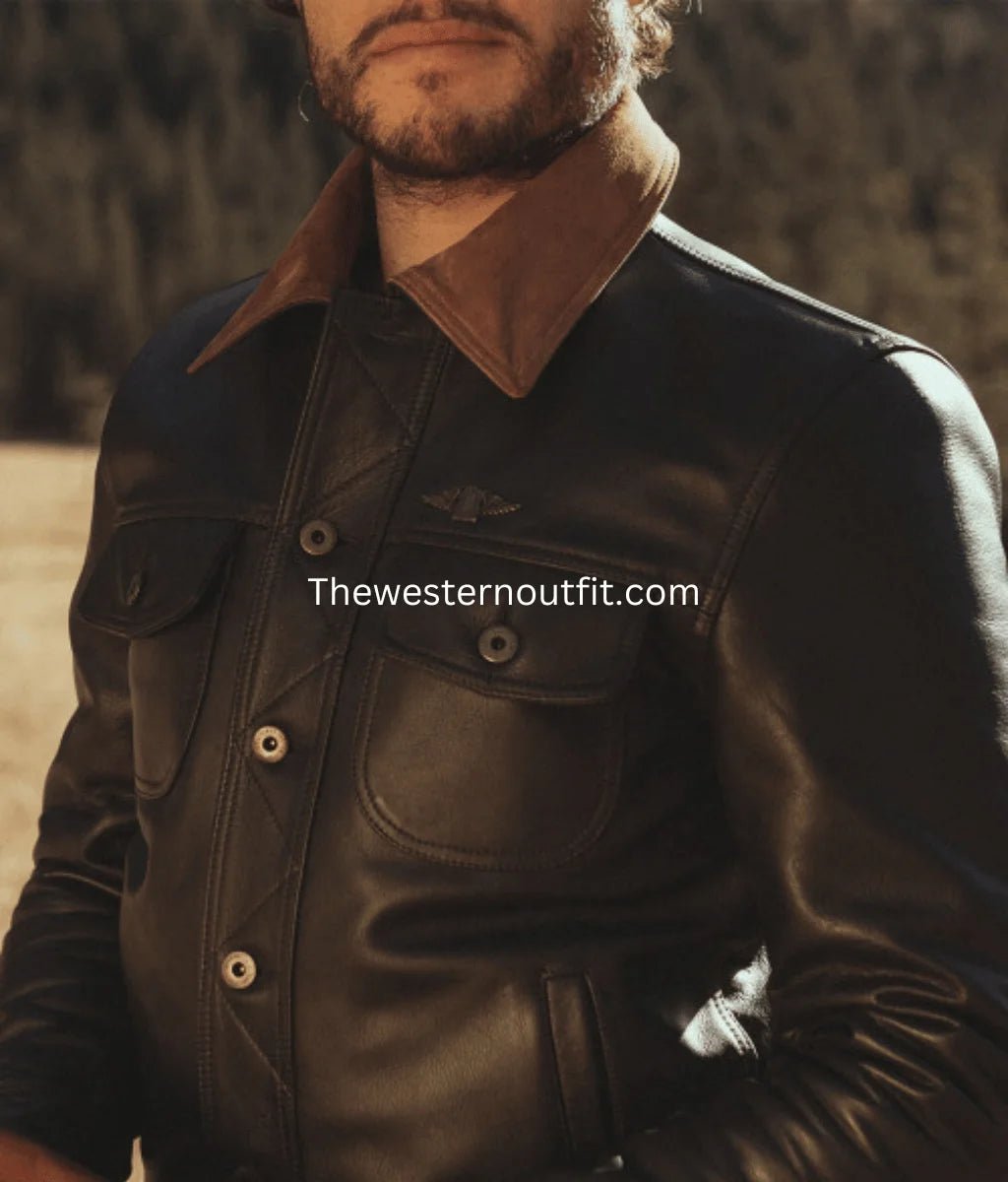 Gold Bison Black Leather Trucker Jacket for Men - Image 2