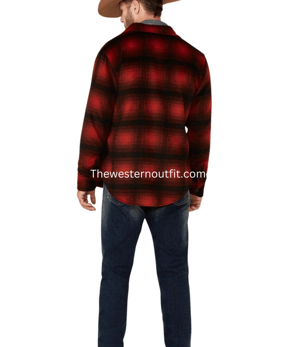 Men's Red Ombre Plaid Wool Button-Front Shirt Jacket - Image 4