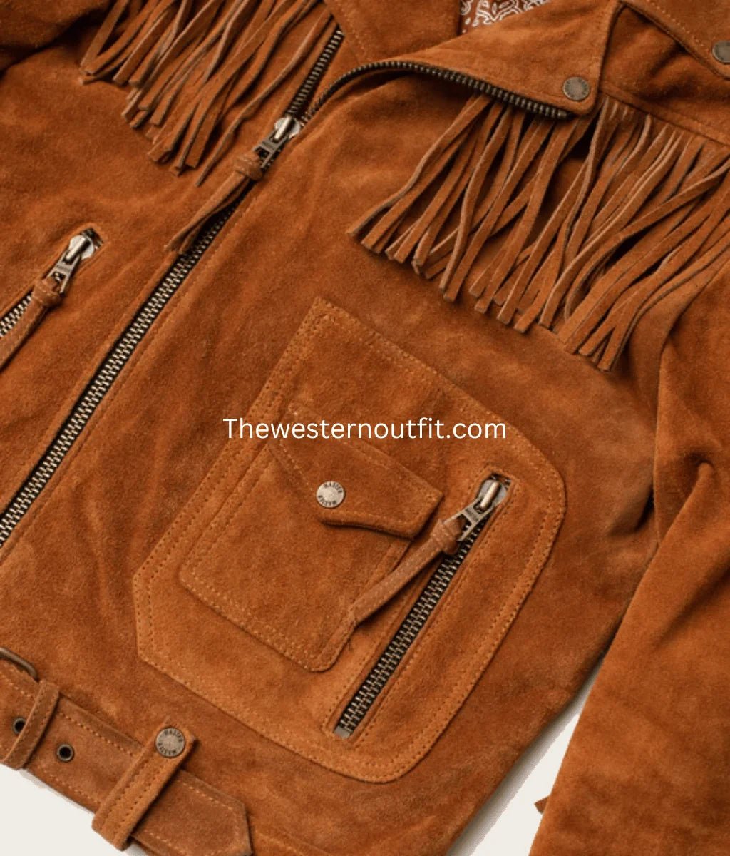 Mens Brown Fringes Suede Leather Cowboy Jacket - Image 5