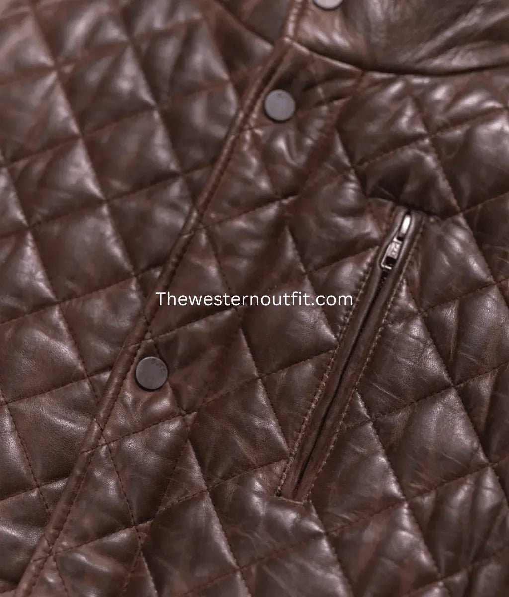 Highlands Quilted Mens Brown Leather Jacket - Image 4