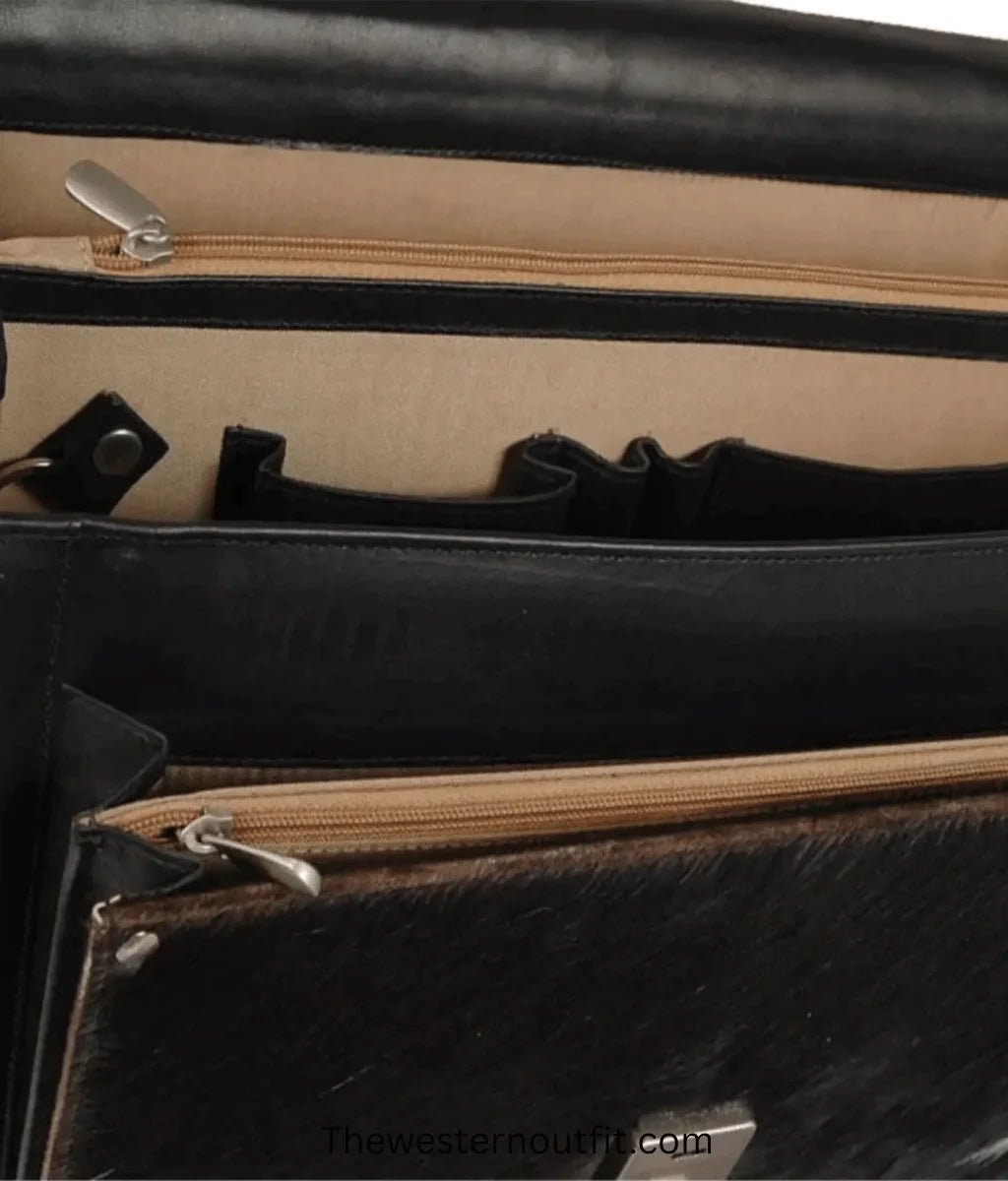 Briefcase With Adjustable Strap Black And White Cowhide Leather Bag - Image 4