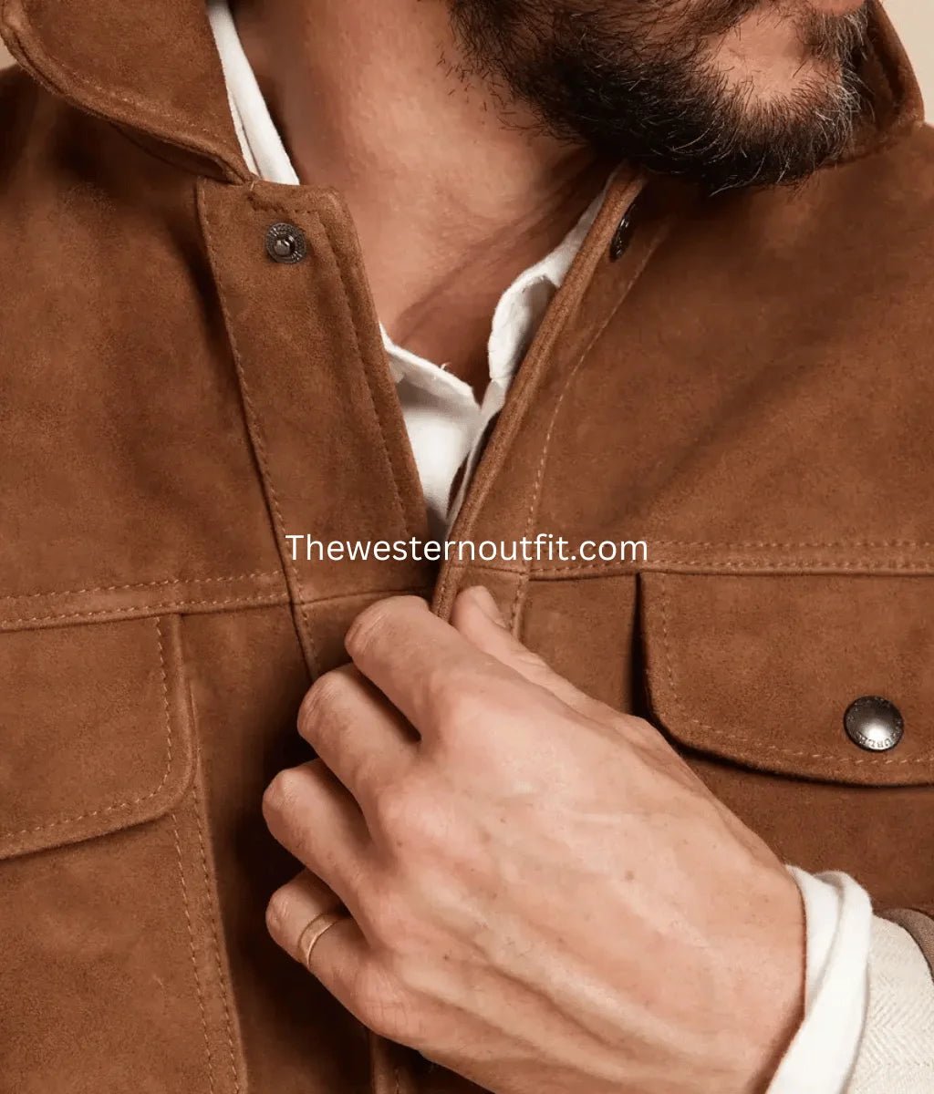 Men’s Suede Leather Cowboy Jacket Brown Western Design - Image 5